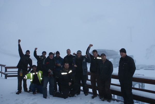 Mt Hutt Assistant Ski Area Manager James McKenzie (6th in, back row) and the 2010 Mt Hutt winter crew celebrating the arrival of snow